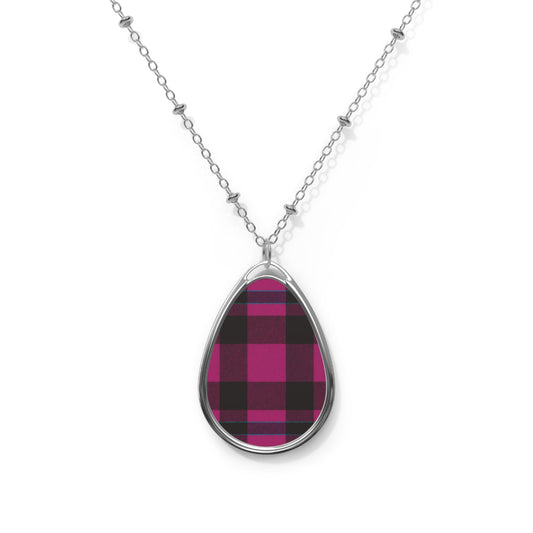 Magenta Plaid Teardrop Necklace – Bold Pattern Pendant with Silver Chain