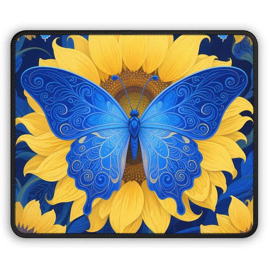 Sunflower Landing 9x7 Neoprene Desk Mat – Blue Butterfly Mouse Pad with Floral Contrast