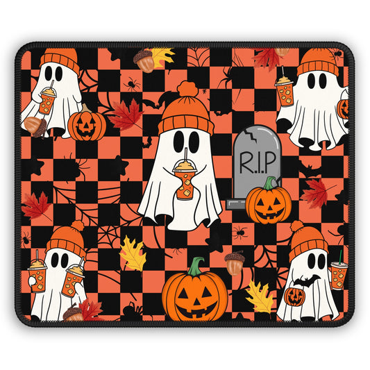 Ghost Latte Halloween Gaming Mouse Pad – 9x7 Neoprene Mouse Pad with Pumpkins, Coffee, and Checkerboard Autumn Design