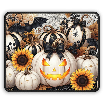 Elegant Pumpkin Patch Halloween Gaming Mouse Pad – 9x7 Neoprene Mouse Pad with Sunflowers, Bats, and Jack-o’-Lantern Design