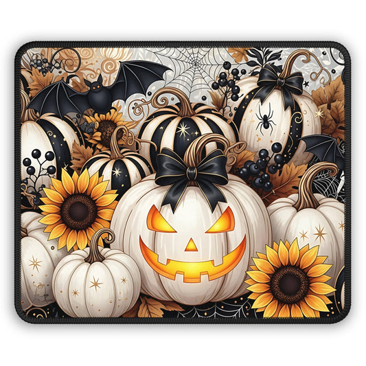 Elegant Pumpkin Patch Halloween Gaming Mouse Pad – 9x7 Neoprene Mouse Pad with Sunflowers, Bats, and Jack-o’-Lantern Design