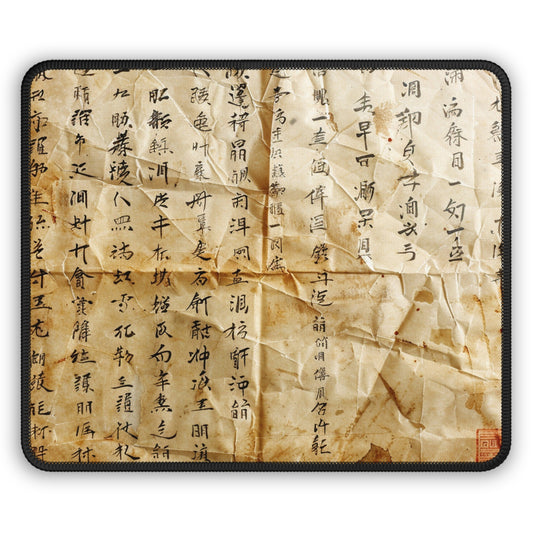 Ink & Echoes 9x7 Neoprene Desk Mat – Chinese Calligraphy Mouse Pad on Aged Parchment