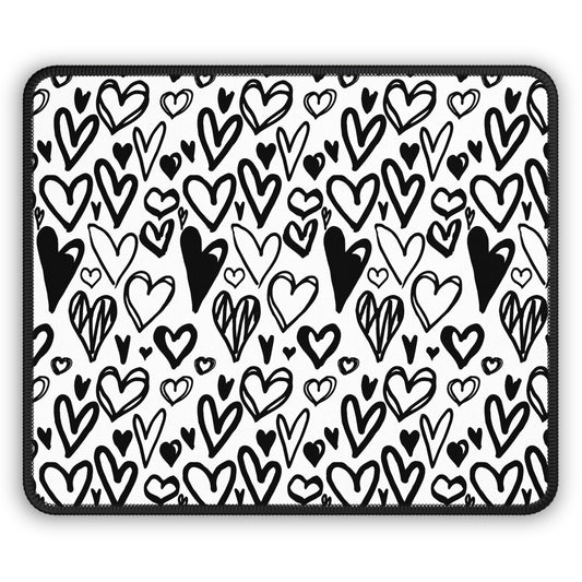 Monochrome Hearts 9x7 Neoprene Desk Mat – Hand-Drawn Love Mouse Pad