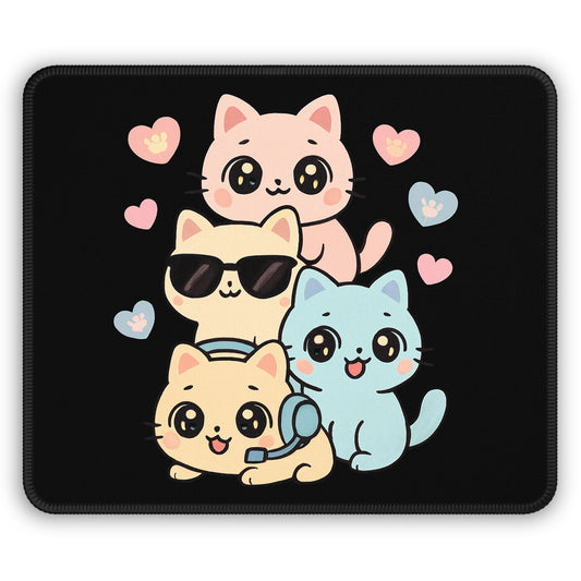 Stacked Cats 9x7 Neoprene Desk Mat – Kawaii Pastel Mouse Pad with Heart Paw Prints