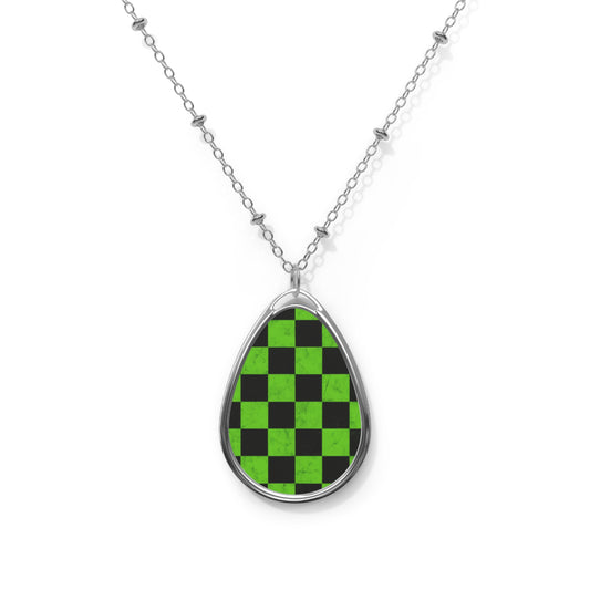 Green Check Teardrop Necklace – Marbled Checkerboard Pendant with Silver Chain