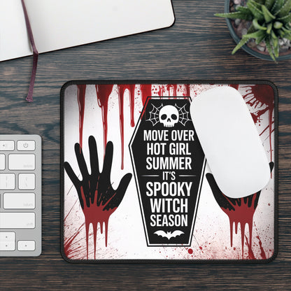 Spooky Witch Season Gaming Mouse Pad – 9x7 Neoprene Mouse Pad with Coffin Quote, Bloody Handprints, and Creepy Halloween Horror Design