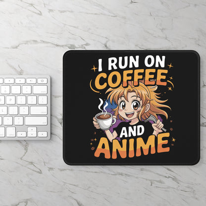 I Run on Coffee and Anime 9x7 Neoprene Desk Mat – Kawaii Otaku Mouse Pad with Espresso Energy