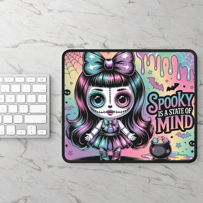Spooky Doll Gaming Mouse Pad – 9x7 Neoprene Desk Mat with Gothic Pastel “Spooky Is a State of Mind” Design