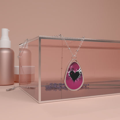 Magenta Heart Teardrop Necklace – Artistic Pendant with Silver Chain