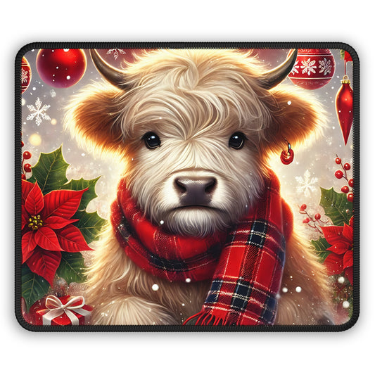 Cozy Christmas Cow Gaming Mouse Pad – 9x7 Neoprene Mouse Pad with Highland Calf, Poinsettias, and Holiday Ornaments Design
