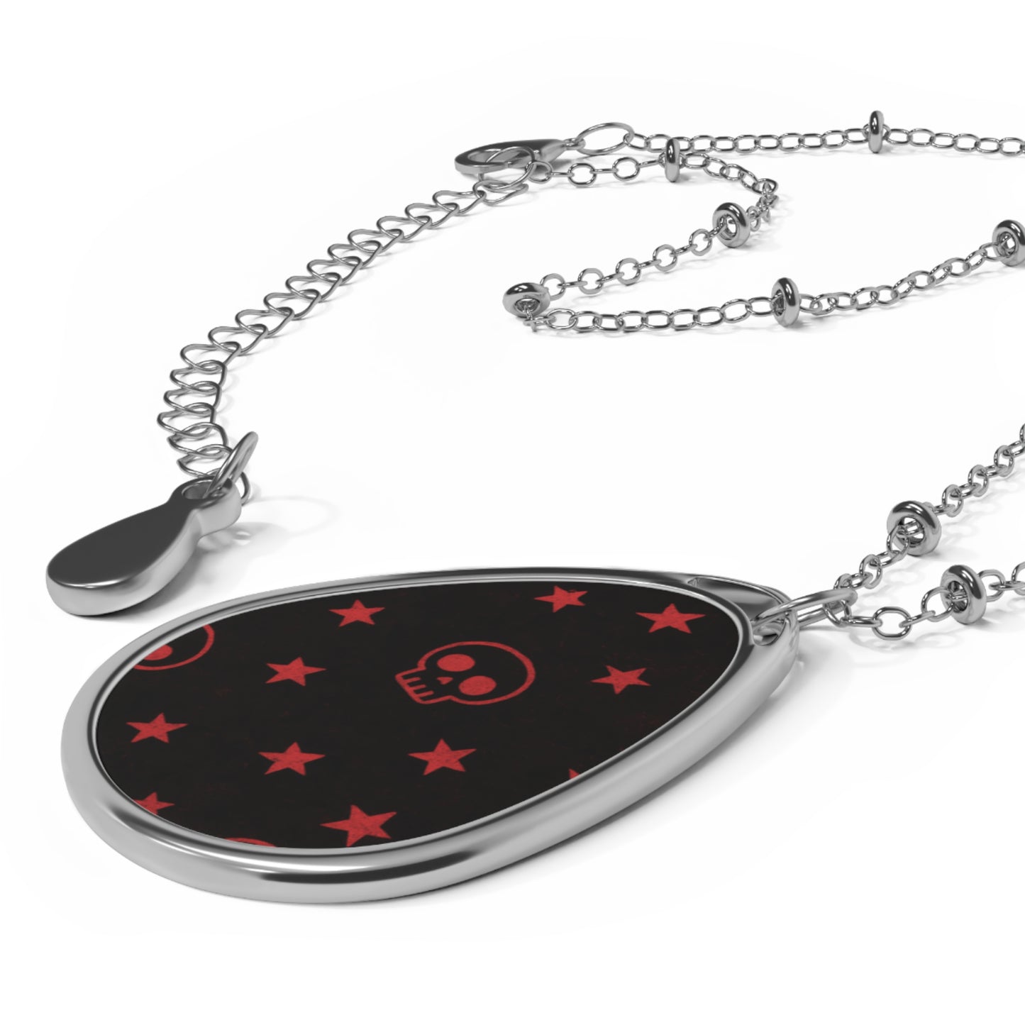 Red Skulls Teardrop Necklace – Gothic Celestial Pendant with Silver Chain