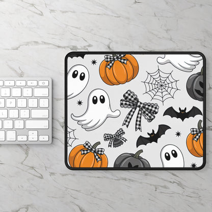Ghosts and Pumpkins Halloween Mouse Pad – 9x7 Neoprene Desk Mat with Bats, Spiderwebs, and Gingham Bows Design