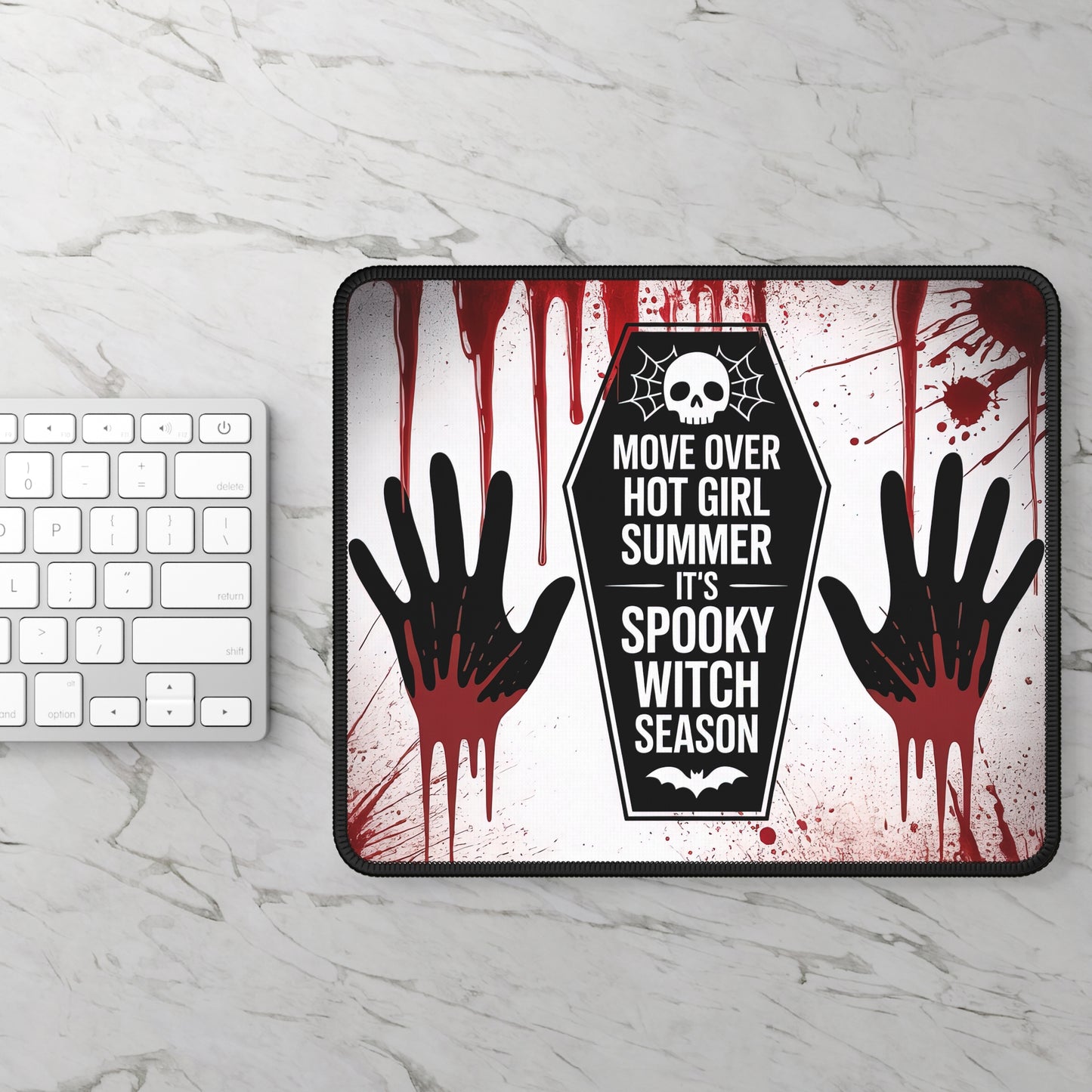 Spooky Witch Season Gaming Mouse Pad – 9x7 Neoprene Mouse Pad with Coffin Quote, Bloody Handprints, and Creepy Halloween Horror Design