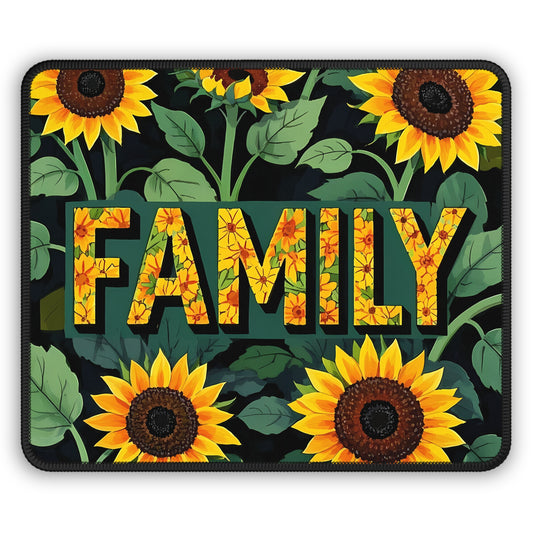 Sunflower Family 9x7 Neoprene Desk Mat – Bold Typography Mouse Pad with Floral Pattern