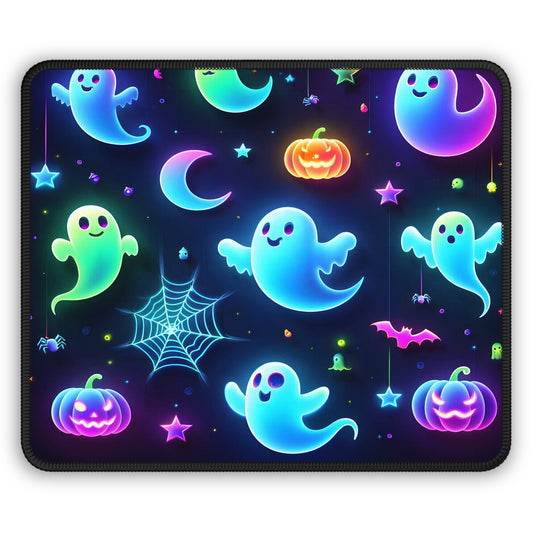 Neon Ghost Halloween Gaming Mouse Pad – 9x7 Neoprene Mouse Pad with Colorful Glow-in-the-Dark Ghosts, Pumpkins, and Spooky Night Sky