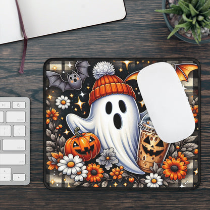 Cozy Ghost Halloween Gaming Mouse Pad – 9x7 Neoprene Mouse Pad with Pumpkin Spice Latte, Bats, and Autumn Floral Design