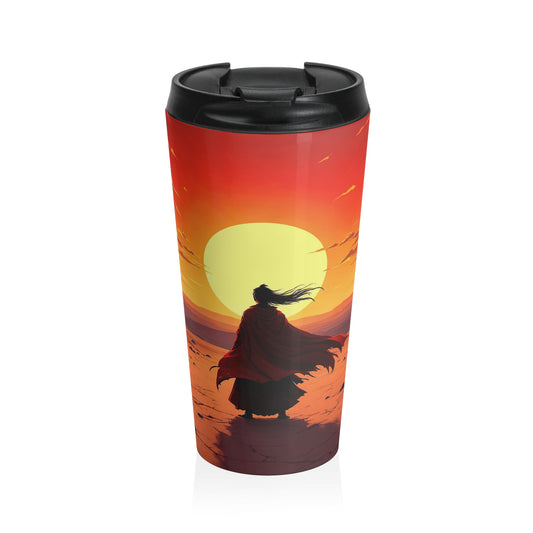 15oz Sunset Wanderer Stainless Steel Travel Mug – Cloaked Silhouette Design with Leak-Proof Lid