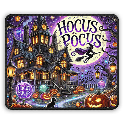 Hocus Pocus Haunted House Mouse Pad – 9x7 Neoprene Desk Mat with Witch, Pumpkins, and Full Moon Design