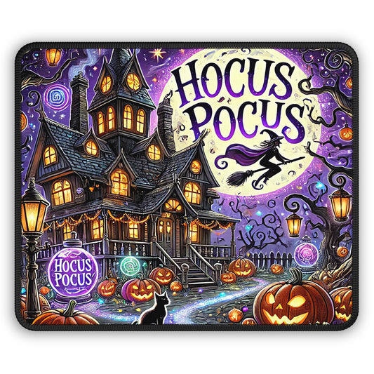 Hocus Pocus Haunted House Mouse Pad – 9x7 Neoprene Desk Mat with Witch, Pumpkins, and Full Moon Design