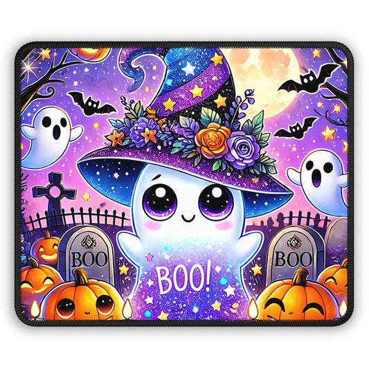 Kawaii Ghost Halloween Gaming Mouse Pad – 9x7 Neoprene Mouse Pad with Cute Witch Ghost, Pumpkins, and Spooky Graveyard Design
