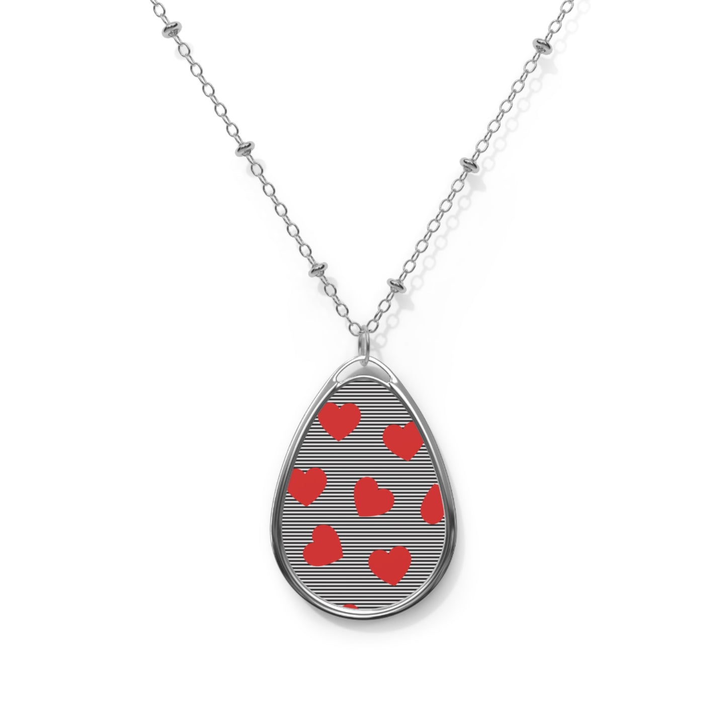 Striped Hearts Teardrop Necklace – Black & White Pendant with Red Accents and Silver Chain