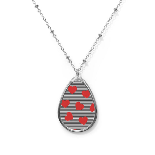 Striped Hearts Teardrop Necklace – Black & White Pendant with Red Accents and Silver Chain