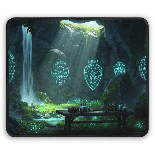 Enchanted Rune Cave Gaming Mouse Pad – 9x7 Neoprene Mouse Pad with Fantasy Waterfall and Glowing Symbol Design