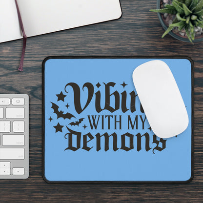 Vibing With My Demons 9x7 Neoprene Desk Mat – Gothic Affirmation Mouse Pad with Bats & Stars