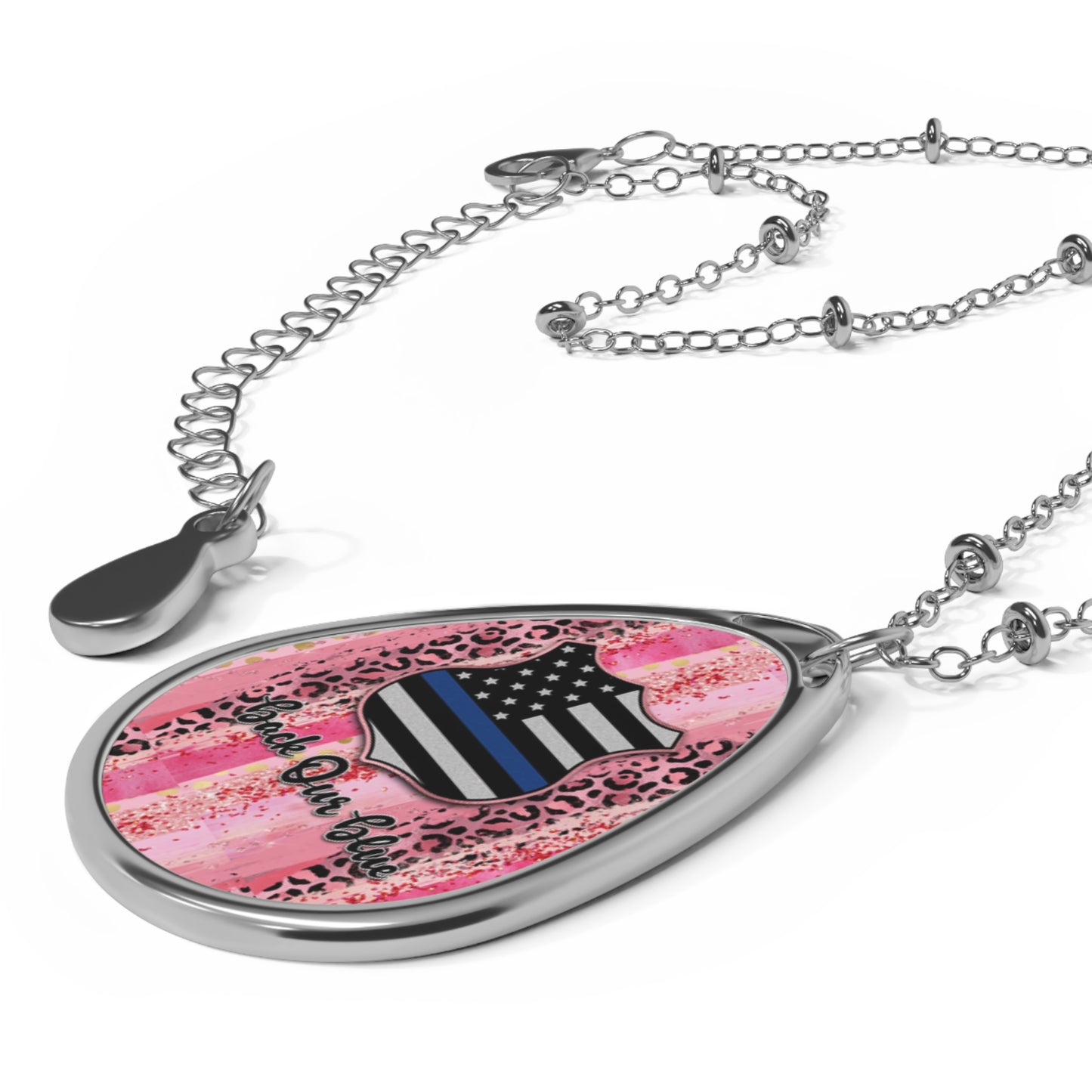 Back Our Blue Teardrop Necklace – Patriotic Leopard Print Pendant with Silver Chain