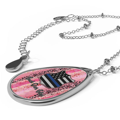 Back Our Blue Teardrop Necklace – Patriotic Leopard Print Pendant with Silver Chain