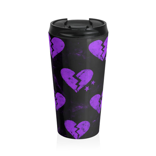 15oz “Broken Hearts & Black Coffee” Stainless Steel Travel Mug – Purple Heart Pattern on Black with Leak-Proof Lid