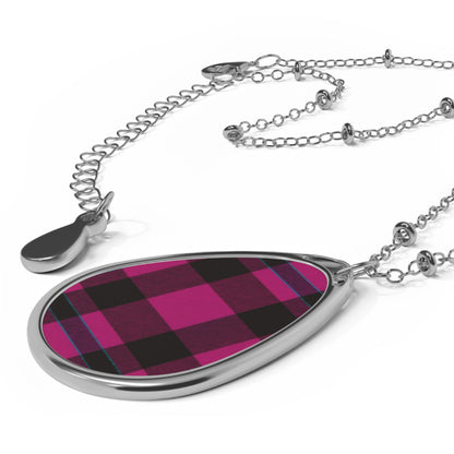 Magenta Plaid Teardrop Necklace – Bold Pattern Pendant with Silver Chain