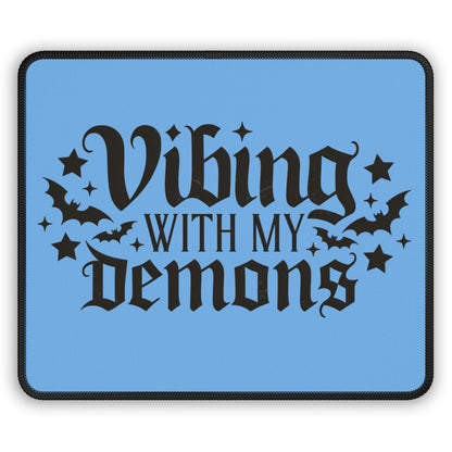 Vibing With My Demons 9x7 Neoprene Desk Mat – Gothic Affirmation Mouse Pad with Bats & Stars