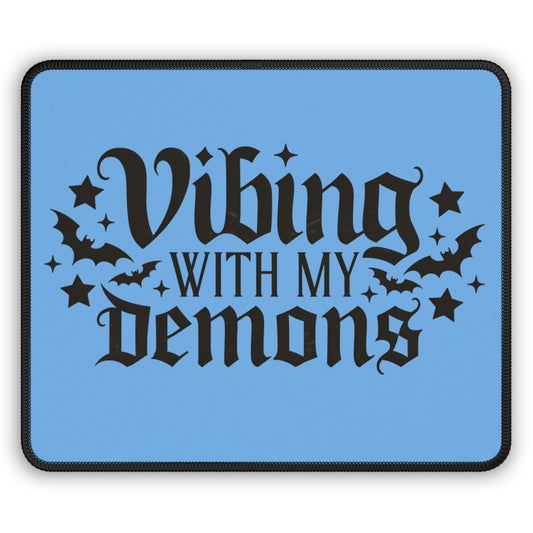 Vibing With My Demons 9x7 Neoprene Desk Mat – Gothic Affirmation Mouse Pad with Bats & Stars