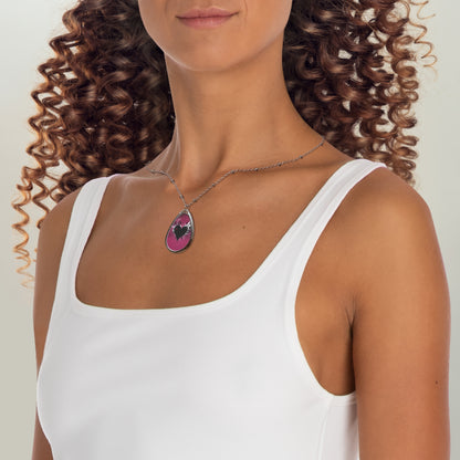 Magenta Heart Teardrop Necklace – Artistic Pendant with Silver Chain