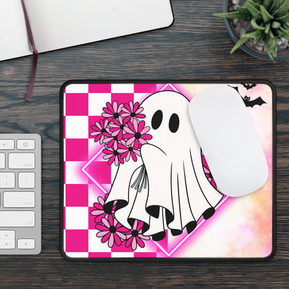 Cute Ghost Floral Halloween Gaming Mouse Pad – 9x7 Neoprene Mouse Pad with Pink Flowers, Checkerboard, and Bats Design