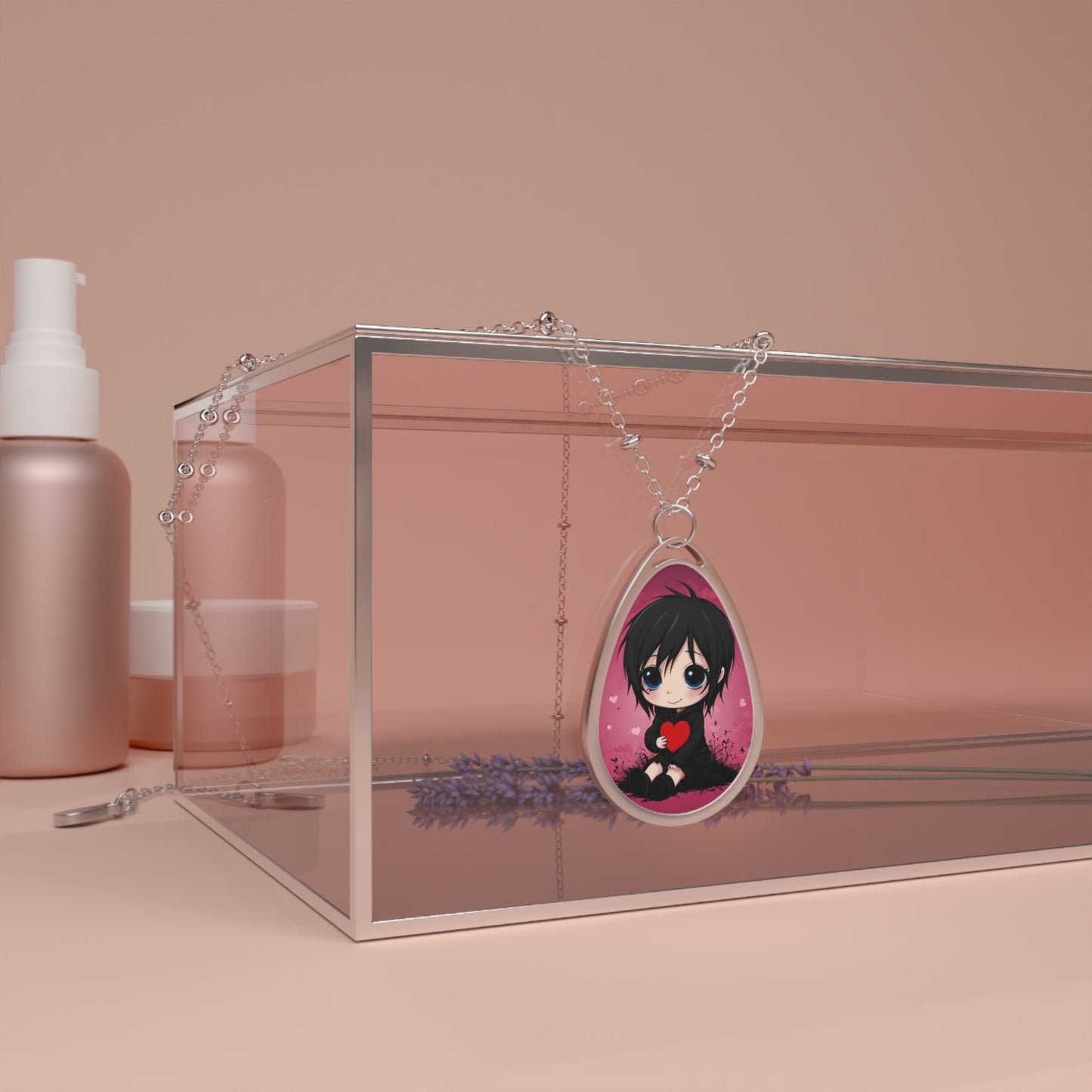 Heartcore Teardrop Necklace – Cartoon Emo Pendant with Silver Chain