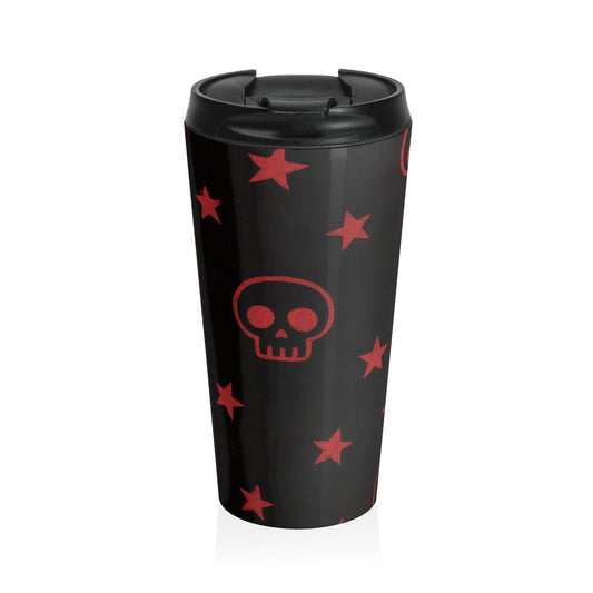 15oz “Skulls & Stars” Stainless Steel Travel Mug – Red Gothic Pattern on Black with Leak-Proof Lid