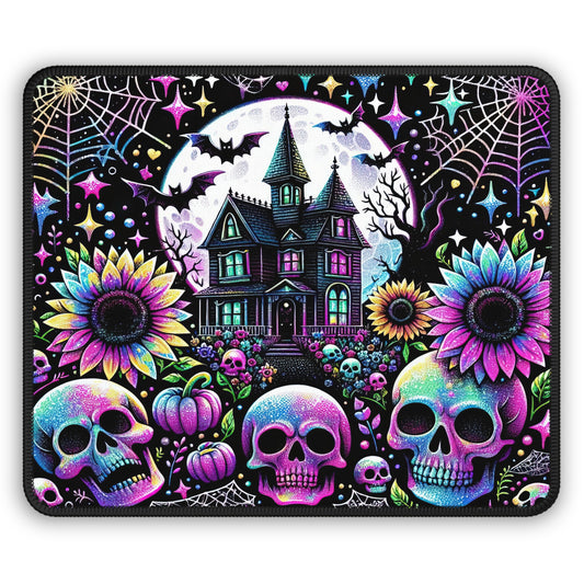 Neon Haunted House Halloween Gaming Mouse Pad – 9x7 Neoprene Mouse Pad with Skulls, Pumpkins, and Gothic Floral Design