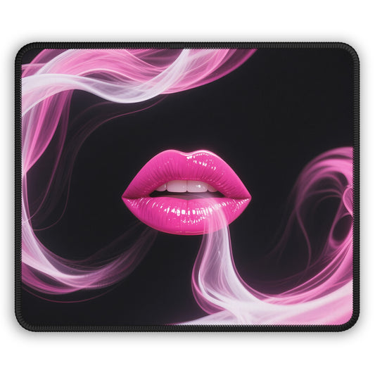 Neon Kiss 9x7 Neoprene Desk Mat – Glossy Lips Mouse Pad with Pink Smoke & Black Background