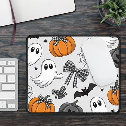 Ghosts and Pumpkins Halloween Mouse Pad – 9x7 Neoprene Desk Mat with Bats, Spiderwebs, and Gingham Bows Design