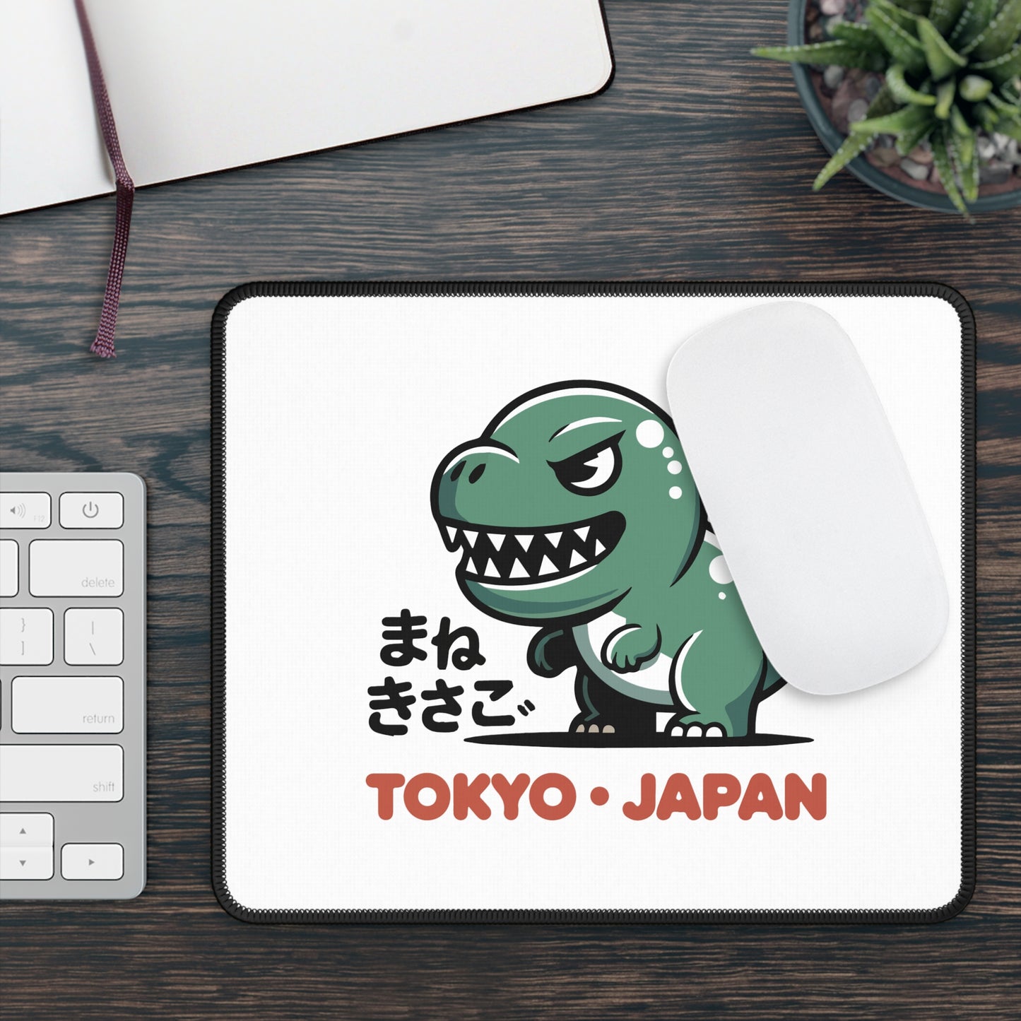 Manekisago Tokyo 9x7 Neoprene Desk Mat – Cartoon Dinosaur Mouse Pad with Japanese Text