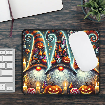 Spooky Halloween Gnomes Gaming Mouse Pad – 9x7 Neoprene Mouse Pad with Pumpkins, Candy, and Trick-or-Treat Wizard Hat Design