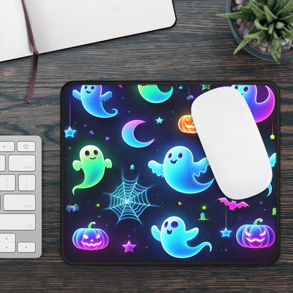 Neon Ghost Halloween Gaming Mouse Pad – 9x7 Neoprene Mouse Pad with Colorful Glow-in-the-Dark Ghosts, Pumpkins, and Spooky Night Sky