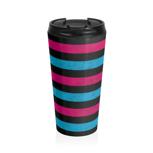 15oz “Scene Stripes” Stainless Steel Travel Mug – Pink, Blue & Black Pattern with Leak-Proof Lid