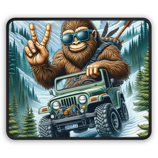Bigfoot Jeep Adventure Gaming Mouse Pad – 9x7 Neoprene Desk Mat with Sasquatch Driving Off-Road in the Mountains