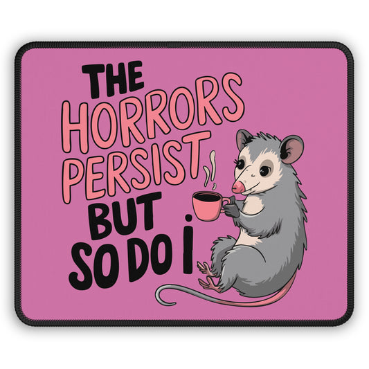 Possum Persistence 9x7 Neoprene Desk Mat – Cartoon Coffee Mouse Pad with Gothic Affirmation