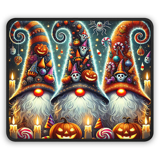 Spooky Halloween Gnomes Gaming Mouse Pad – 9x7 Neoprene Mouse Pad with Pumpkins, Candy, and Trick-or-Treat Wizard Hat Design