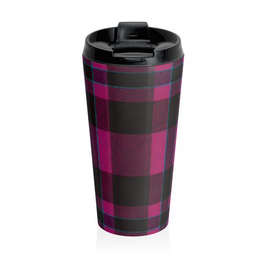 15oz “Plaid Panic” Stainless Steel Travel Mug – Magenta & Black Tartan with Blue Accents and Leak-Proof Lid