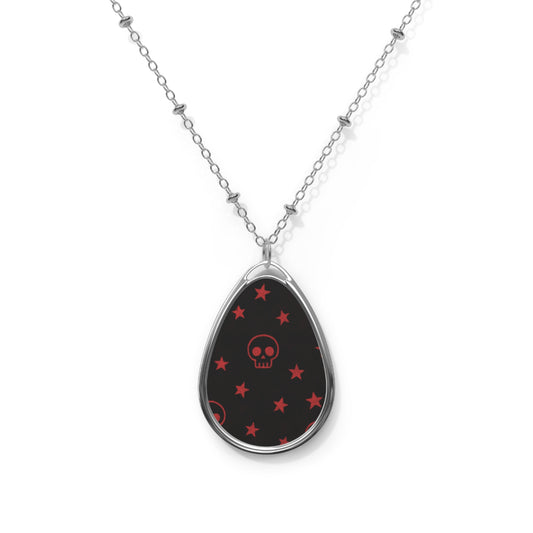 Red Skulls Teardrop Necklace – Gothic Celestial Pendant with Silver Chain